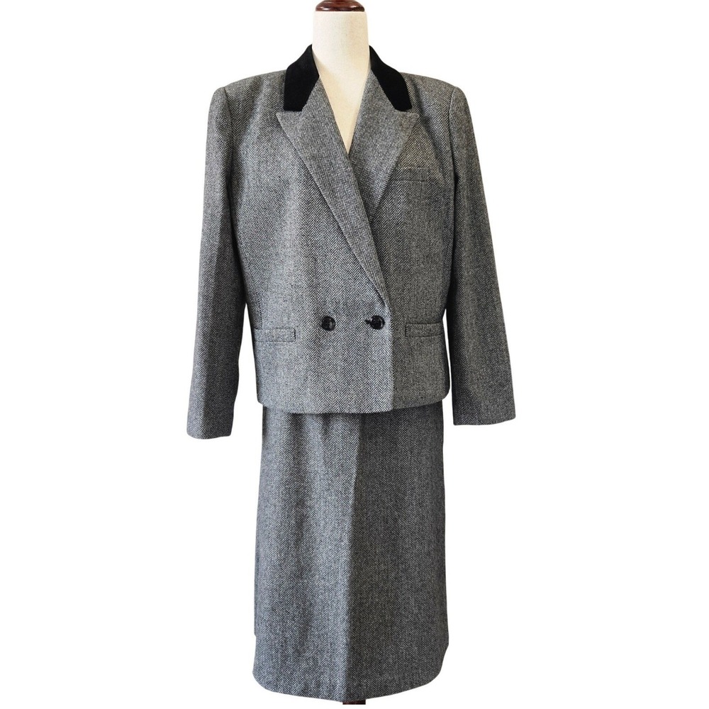 Vtg Suits by Dallas Wool Blend Blazer Black Velvet Collar Pencil Skirt Sz 16/17